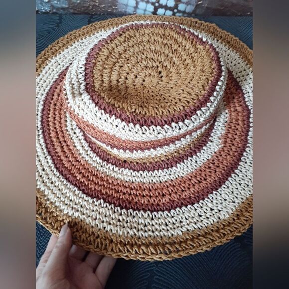 Zara Raffia Straw Striped Tan and Brown Floppy Sun Hat - Picture 11 of 14